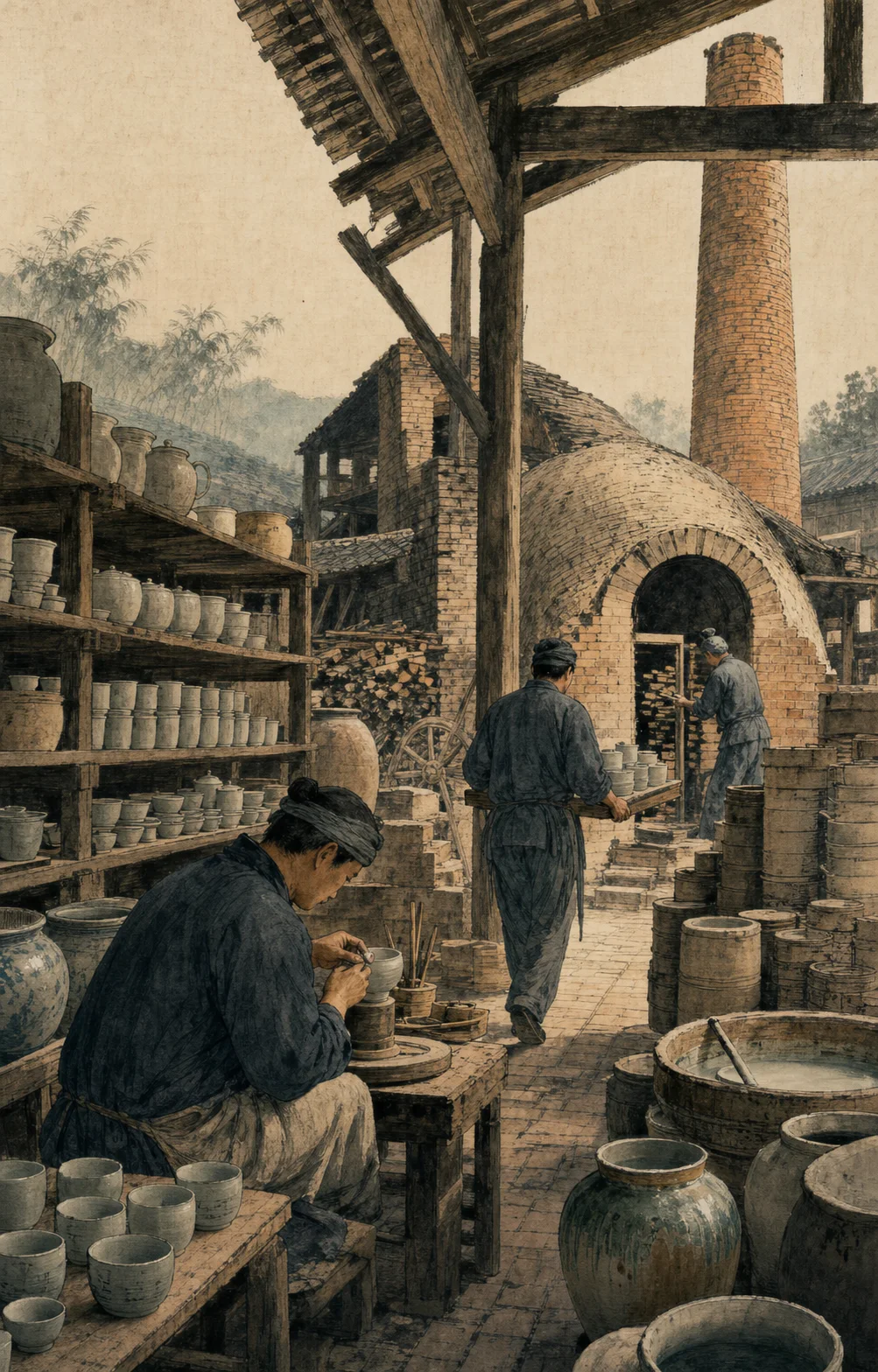 历史叙事插画 · 根据徽州、浮梁与景德镇茶瓷文化背景创作，非家族档案照片